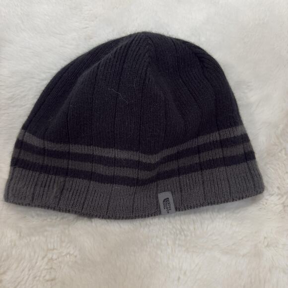 The North Face Hat Unisex One Size Black Gray Knit Beanie Fleece Lined Winter - Picture 1 of 4